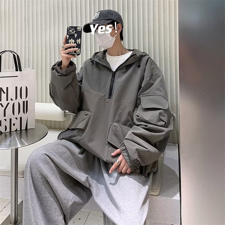 日系潮牌上衣连帽卫衣宽松半拉链春秋工装男女外情侣套WY899-P48图片