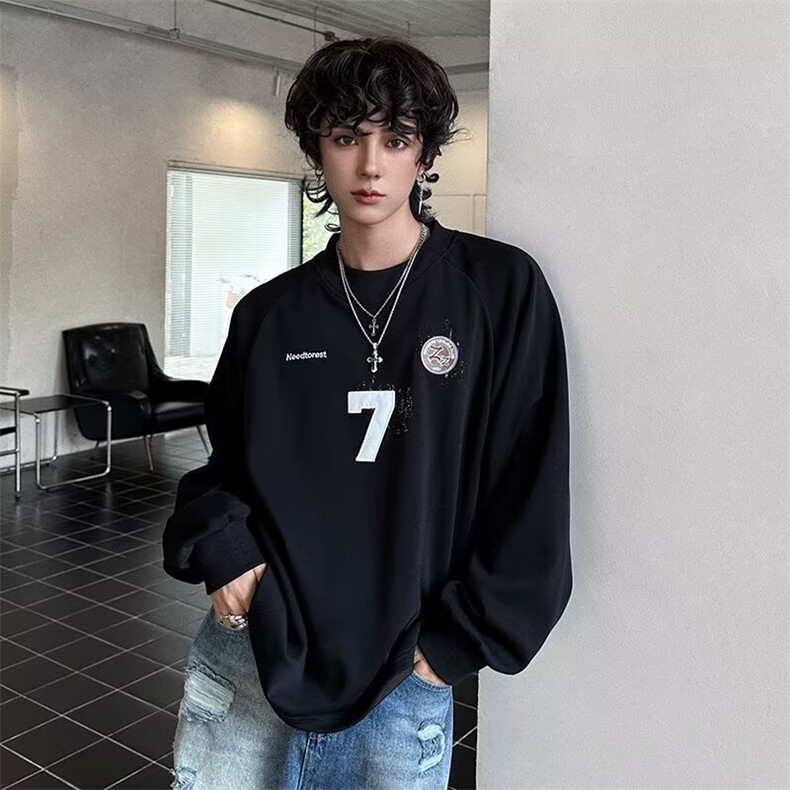 W51-P44美式复古原创设计感7号图案卫衣男女款学院风百搭,男装卫衣,电商B323A
