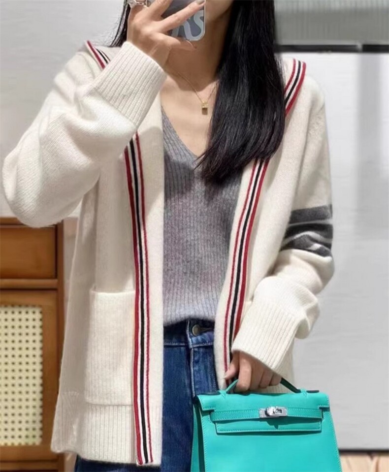 秋季新款女装连帽条纹长袖针织衫学院风宽松开衫毛衣外套,女装羊毛衫,隆格羊绒