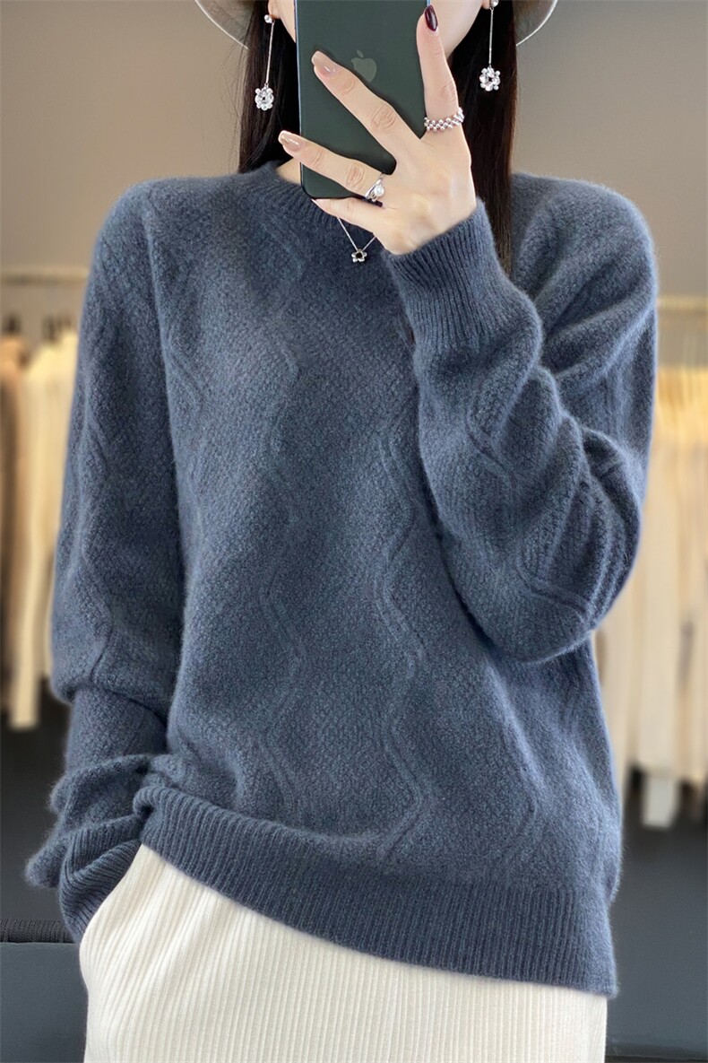 时尚百搭七针加厚圆领波浪花纹女羊毛衫显瘦保暖冬季必备,女装羊毛衫,九嘉羊绒