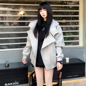 抖音得物品质 26春装美式重磅结构斜拉链高领连帽卫衣开衫外套W61图片