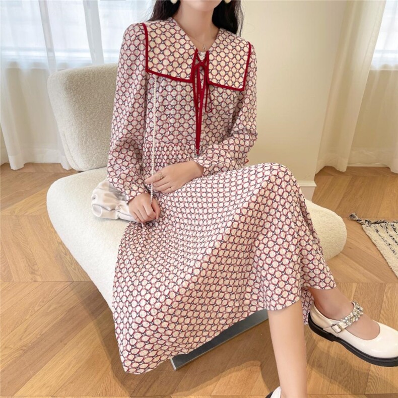 海军领碎花连衣裙，女装连衣裙，安玖拉