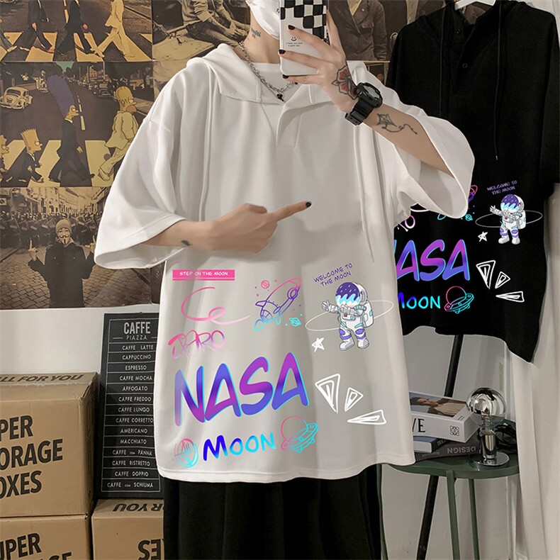 LD54186-P45NASA联名同款连帽短袖t恤男大码胖子带帽五分袖海报风,男装T恤,电商A040