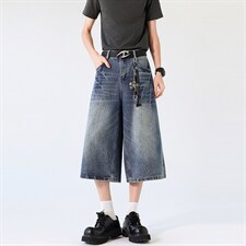 美式复古高腰闪电宽松阔腿裤百搭垂感直筒七分裤牛仔裤K7012TP48，男装牛仔裤，电商D325