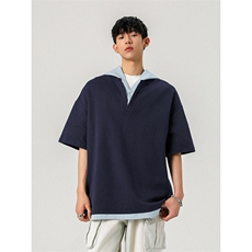 250克高品质面料男女同款潮流百搭T恤假两件连帽宽松短袖HY733P45，男装T恤，电商A102B