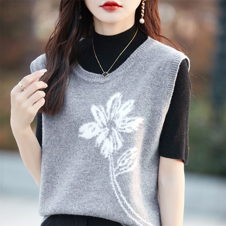 一枝花圆领马甲2024年秋季简约套头百搭显瘦,女装马甲,片语羊绒