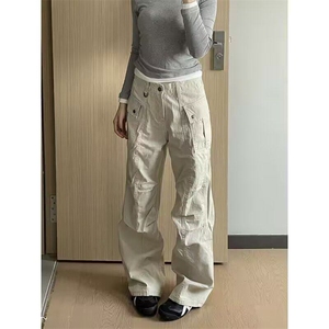 浅卡其色工装裤男款春秋季2025新款美式复古褶皱大口袋休闲长裤子图片