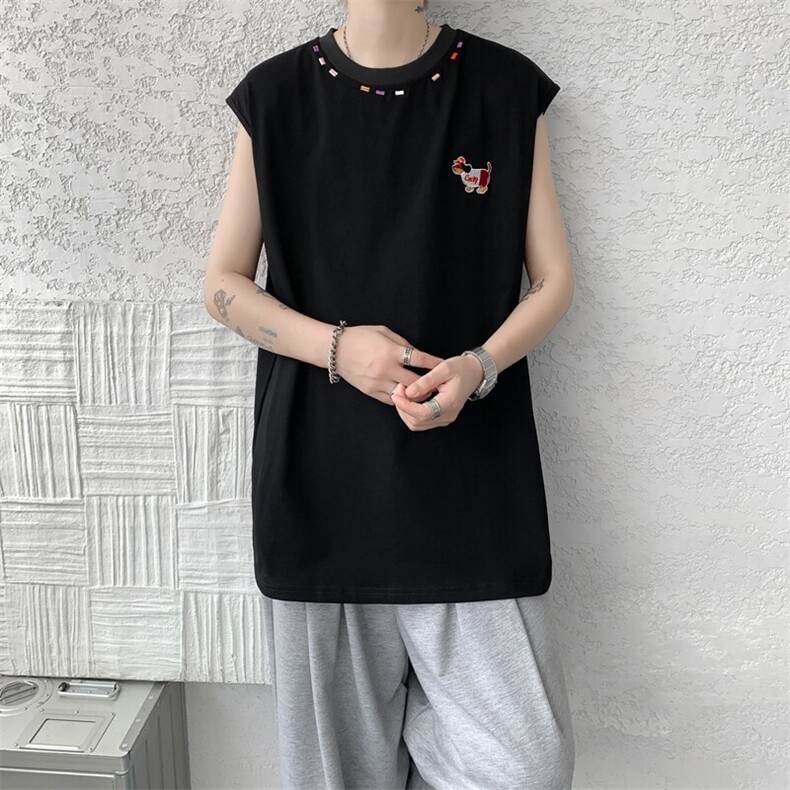 美式重磅腊肠狗彩虹纯棉刺绣背心运动坎肩大码无袖T恤BX1601特P35,男装T恤,电商B238
