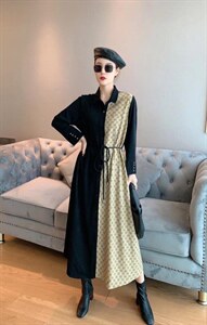 【现货】【】系带收腰拼色撞色中长款连衣裙,女装连衣裙,名门秀