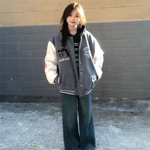 美式高街徽章拼接撞色棒球服外套男女春季潮牌情侣刺绣宽松夹克图片