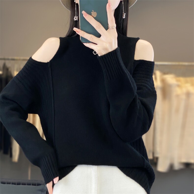 100%纯羊毛衫女圆领漏肩纯色长袖针织毛衣宽松开叉羊绒衫打底上衣,女装羊毛衫,忠诺羊绒