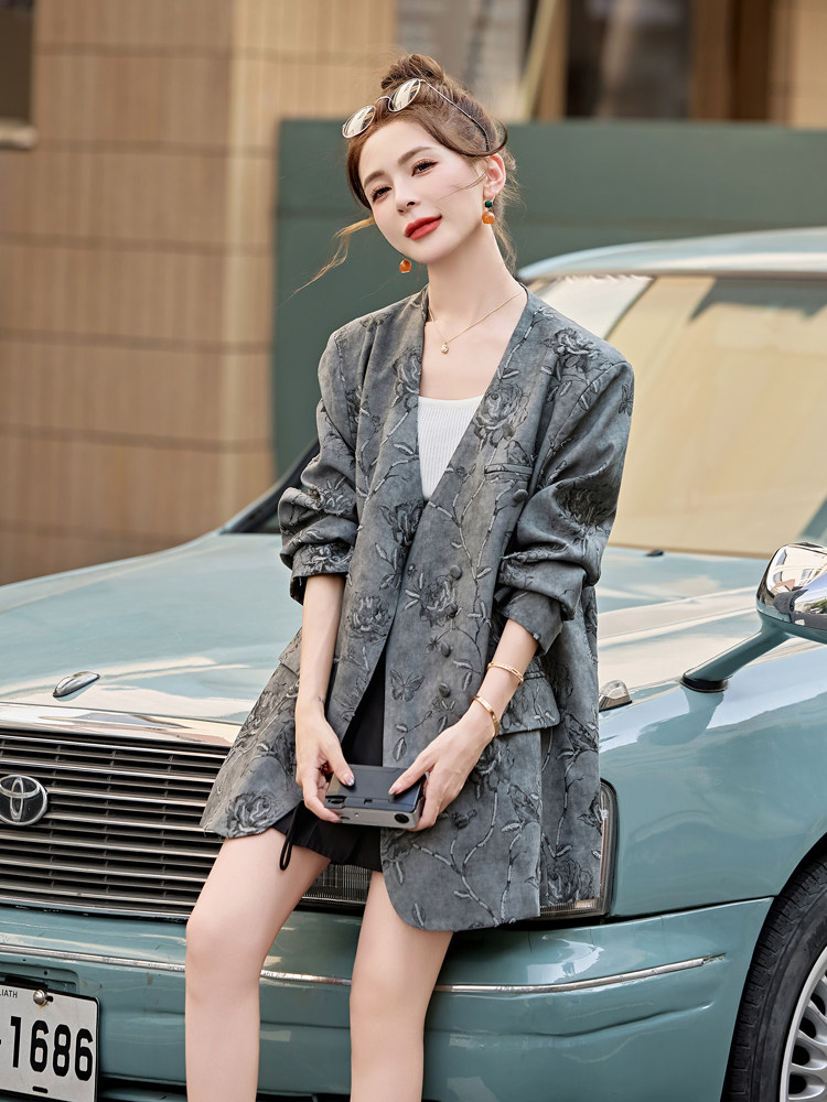 水衣源792款立体印花无领宽松潮品西装外套女,女装西装,水衣源