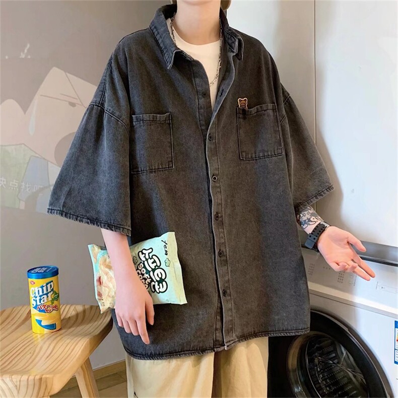 美式牛仔短袖衬衫男韩版夏季ins半袖外套痞帅潮流T衬衣CS1128-p40,男装衬衫,星座1008
