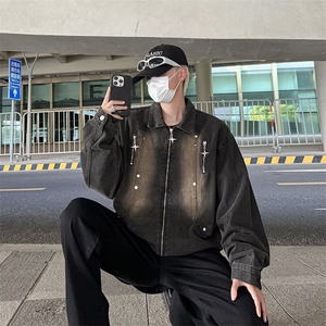 拉链设计感牛仔外套男生宽松春秋复古做旧痞帅炸街夹克潮2183/P70图片