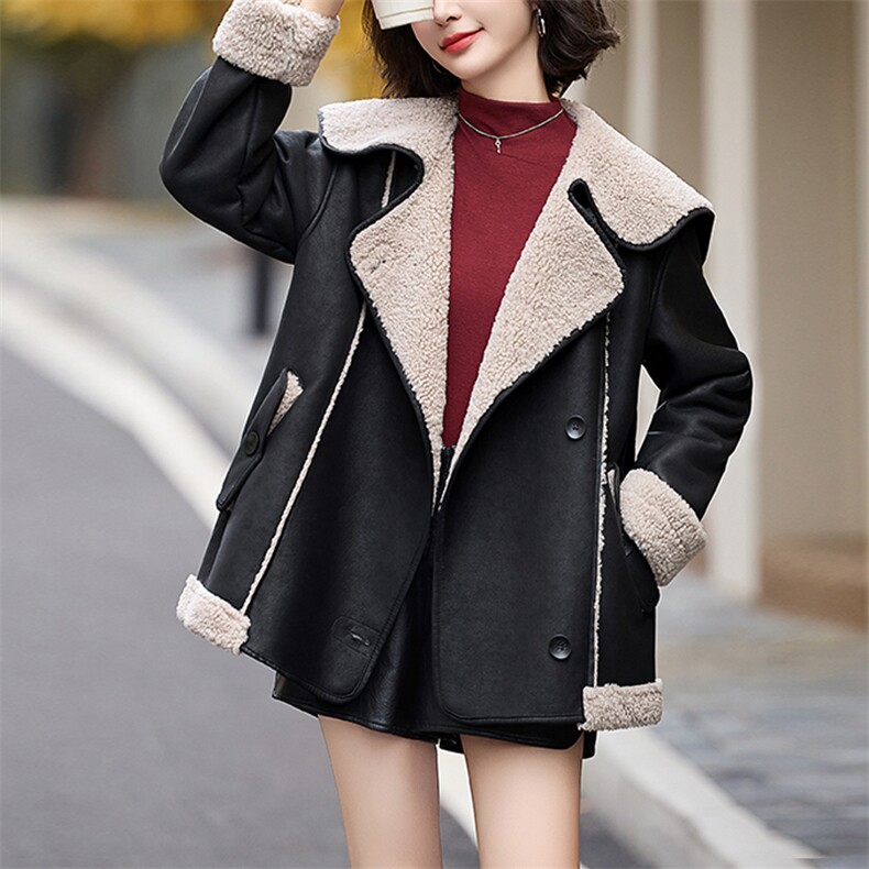 大翻领皮毛一体外套女冬季2024新款高级感宽松加厚保暖羊羔毛棉服,女装羊羔毛/颗粒绒,江南女神