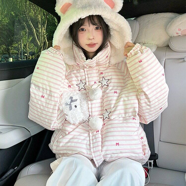 可爱条纹毛领连帽棉服外套女2025冬季新款保暖棉衣棉袄MF387-P102,男装棉衣,星座412-3