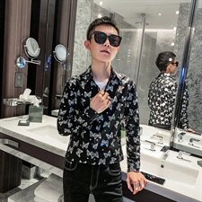 长袖衬衫蝴蝶印花衬衣打底衫秋冬新款外套社会小伙A328-20351-P55，男装衬衫，星座406