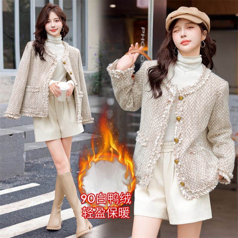 小香风名媛气质羽绒服女2024冬季新款圆领百搭白鸭绒内胆毛呢外套,女装羽绒服,雅静靓衣
