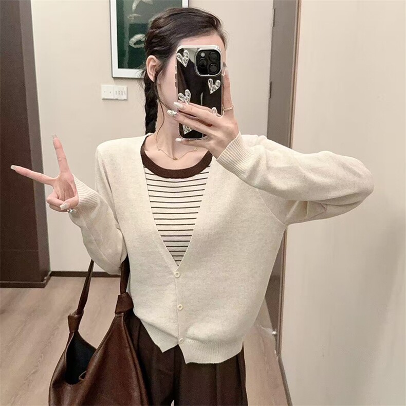 2025年秋季常规长袖通勤假两件时尚百搭通勤简约休闲，女装针织衫/毛衣，暖姿羊绒