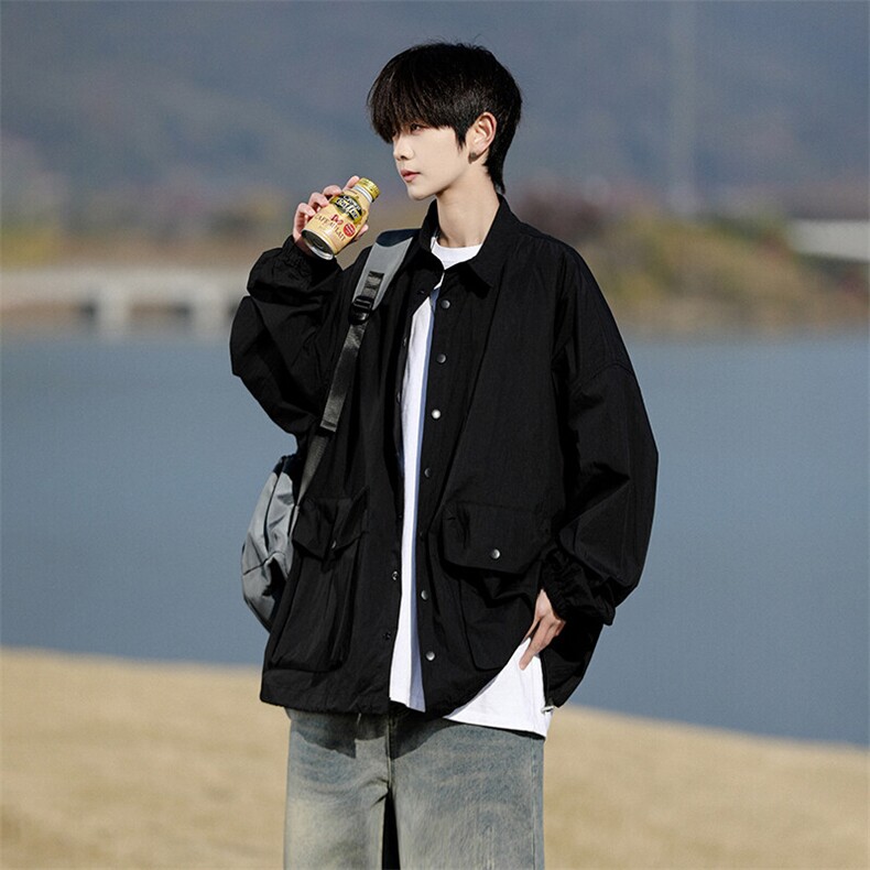 8XL-M春夏廓形衬衫防晒外套特大码多口袋复古慵懒衬衣,男装夹克,电商B238