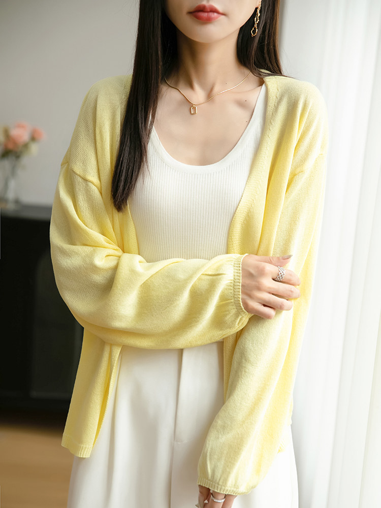 法式V领冰丝针织开衫女长袖防晒衣2025夏薄披肩上衣薄款外穿小衫,针织衫/毛衣,佳绒包芯纱店