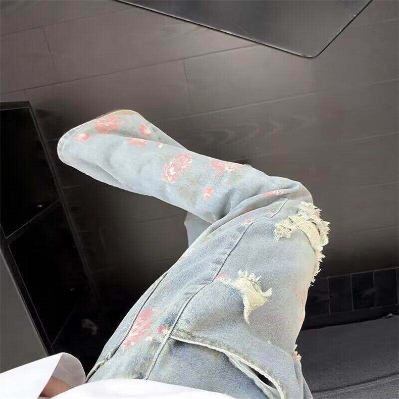 网络图美式破洞玫瑰花卉牛仔裤男女夏季小众设计直筒长裤子,男装牛仔裤,星座410-7