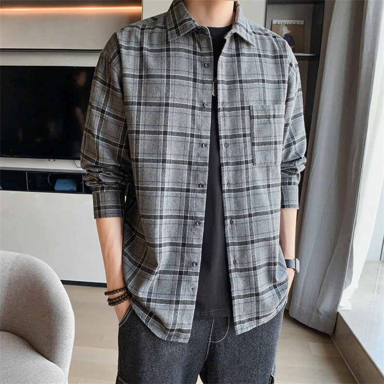 ins格子衬衫男士长袖韩版潮流休闲秋季衬衣外套DF02T,男装衬衫,电商A102