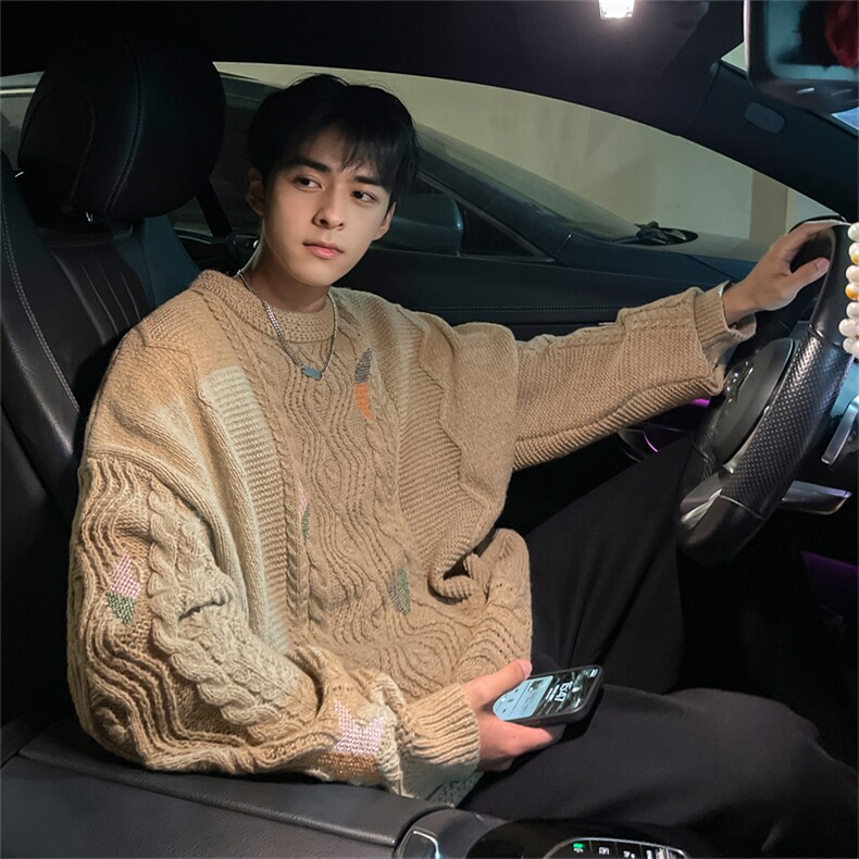 M8175/P70冬季麻花刺绣针织衫宽松潮牌圆领慵懒温柔粗针织衫毛衣，男装针织衫/毛衣，电商A141