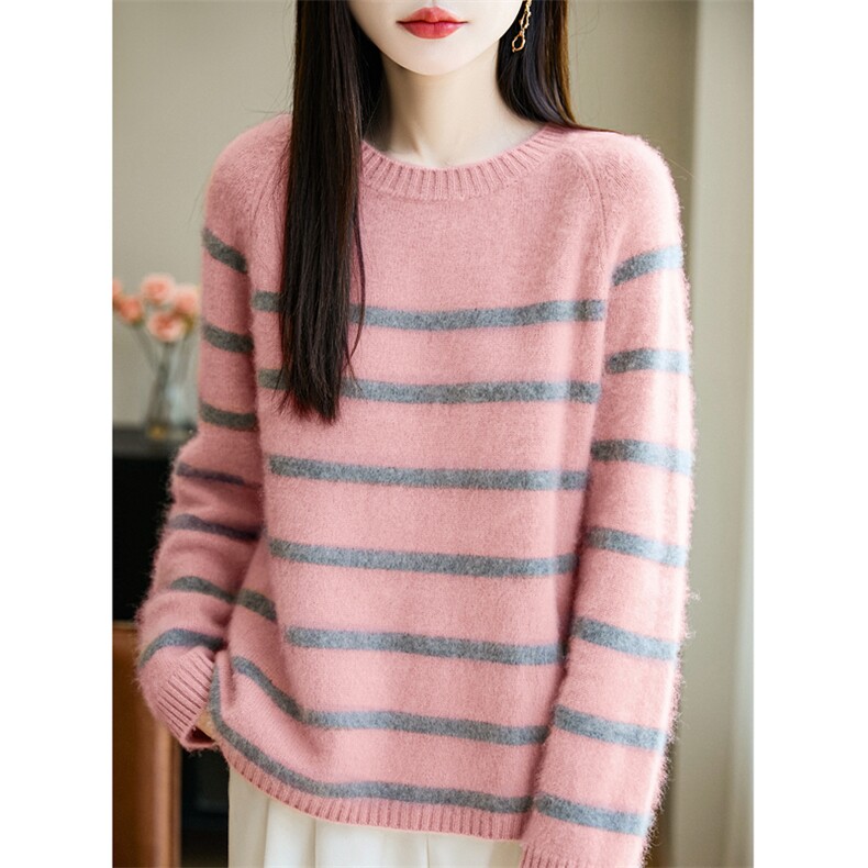 2025秋冬新款100%纯羊毛衫女圆领条纹拼色针织简约加厚打底毛衣，女装羊毛衫，大美人包芯纱店