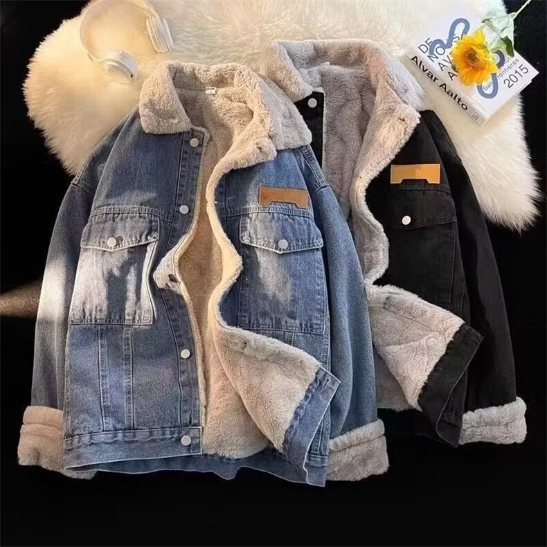 羊羔毛牛仔外套男冬季宽松加绒加厚棉服潮牌ins情侣款L88099-P64,男装工装外套,星座1008