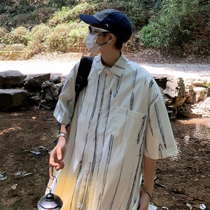 气质夏季潮流青春流行男衬衫文艺标准百搭条纹简约五分袖图片