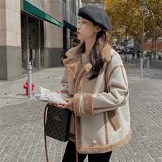 韩系chic羊羔毛外套女冬韩版宽松今年流行加绒加厚皮毛一体机车服，女装短外套，帛香坊