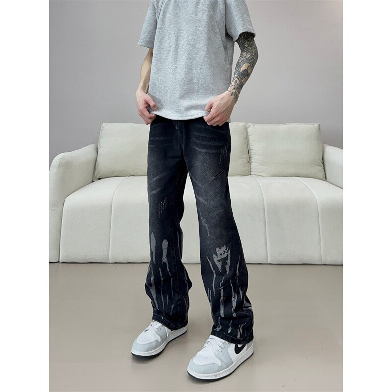 扎染弯刀牛仔裤男款美式高街vibe直筒微喇裤310A-4-NZ75-P55,男装牛仔裤,星座310A-4