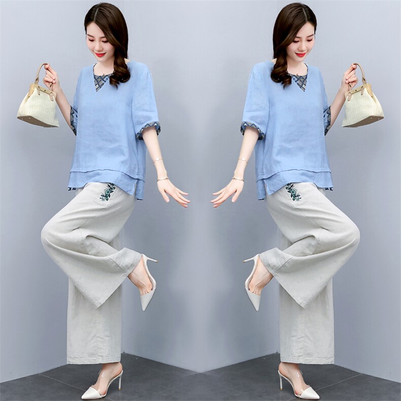 时尚绣花苎麻阔腿裤套装女2024年夏季休闲宽松高端妈妈棉麻两件套图片