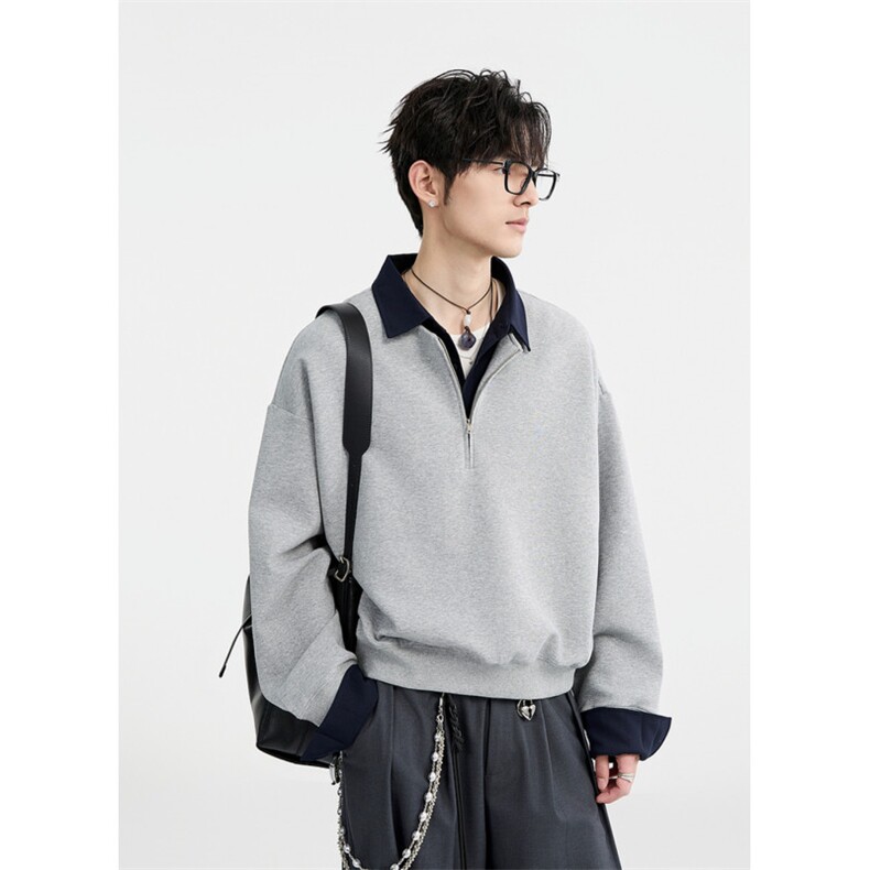 假两件半拉链卫衣春秋季重磅无帽翻领cleanfit长袖polo衫男士外套，男装衬衫，电商C306-1