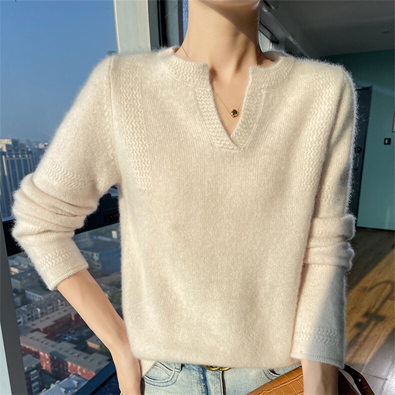 100%纯羊毛衫女25秋冬款V领加厚提花针织毛衣纯色宽松羊绒衫上衣,女装羊毛衫,宇灿羊绒