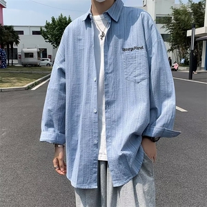 简约潮夏季文艺标准青春流行潮流慵懒翻领男时尚长袖日系衬衫图片