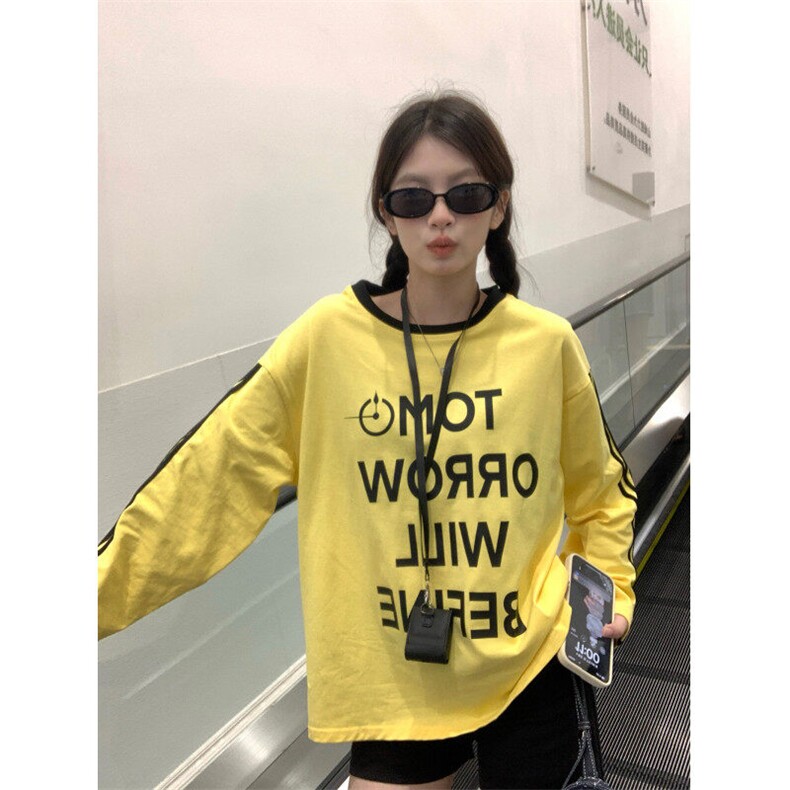 EE069-P55纯棉长袖t恤女装2025春秋薄条纹短款修身打底衫圆领上衣图片