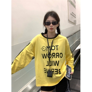 EE069-P55纯棉长袖t恤女装2025春秋薄条纹短款修身打底衫圆领上衣图片