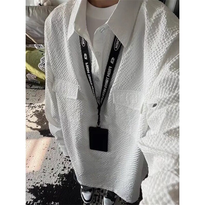藏青色泡泡纱衬衫男春秋套头半开衫长袖衬衣美式cleanfit情侣外套,男装衬衫,星座908-1