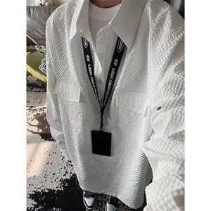 藏青色泡泡纱衬衫男春秋套头半开衫长袖衬衣美式cleanfit情侣外套图片