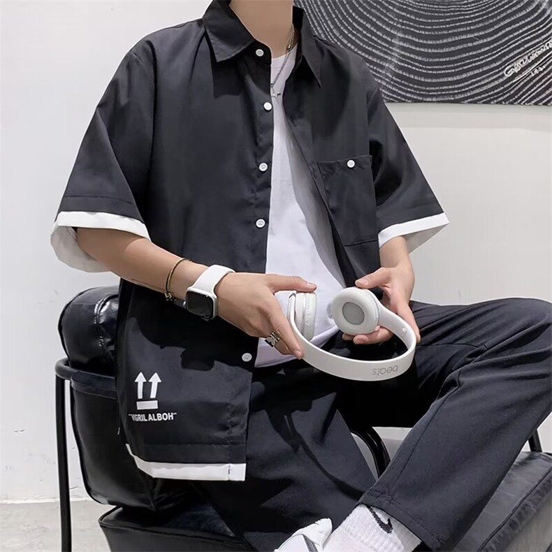 拼接工装衬衫男短袖潮牌痞帅宽松百搭衬衣夏季薄款半袖衣H301/P30,男装T恤,星座506