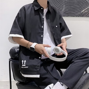 拼接工装衬衫男短袖潮牌痞帅宽松百搭衬衣夏季薄款半袖衣H301/P30图片