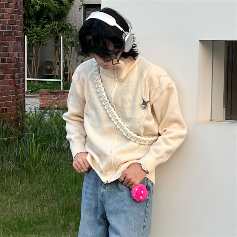（）美式复古高街立领开衫毛衣男ins宽松针织衫1510-P60,男装针织衫/毛衣,星座910-5