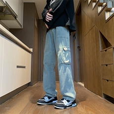 美式复古高街vibe风多口袋工装牛仔裤男潮ins直筒长裤，男装牛仔裤，星座716-2