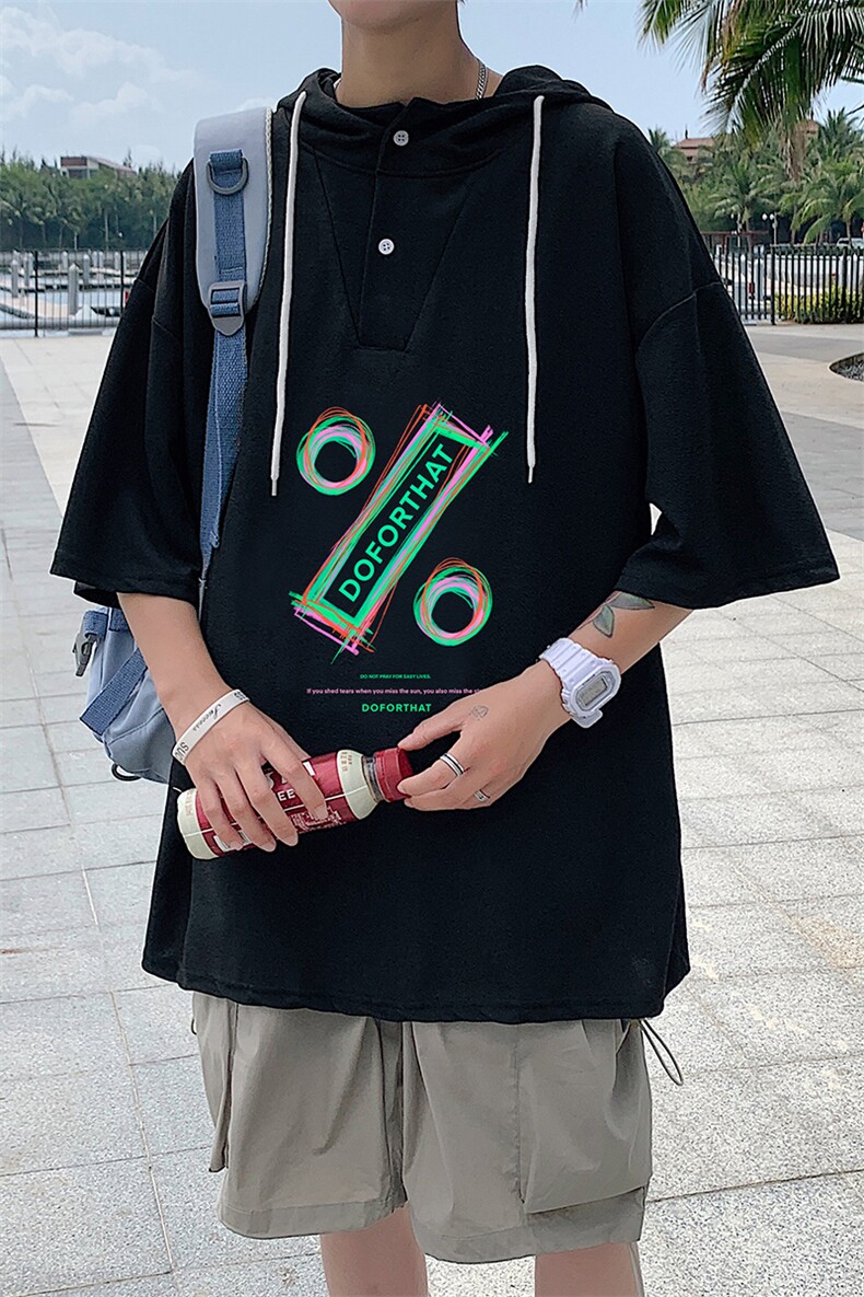 LD54171-P45连帽短袖t恤男大码胖子带帽五分袖中袖,男装T恤,电商A040