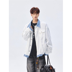现货格子假两件拼接翻领水洗牛仔外套P75控118，男装工装外套，电商D205