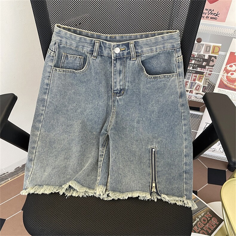 夏季薄款拉链短裤美式高街港风潮牌宽松毛边直筒百搭休闲短裤,男装牛仔裤,星座410-6（原星座1304-1）