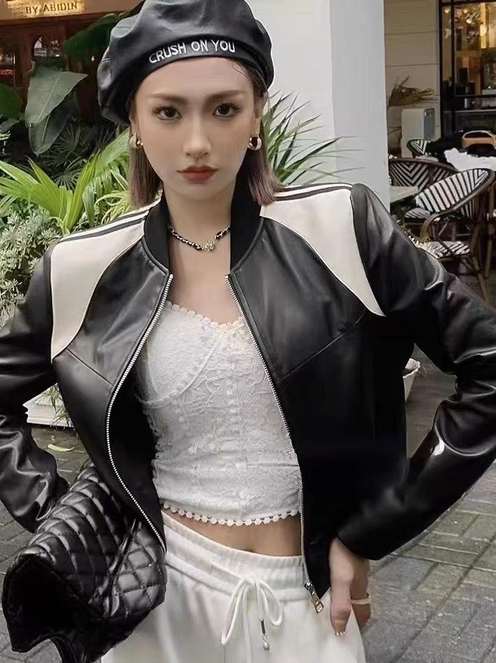 2023新款欧洲站洋气拼接布皮衣外套,女装皮衣,L·H·X