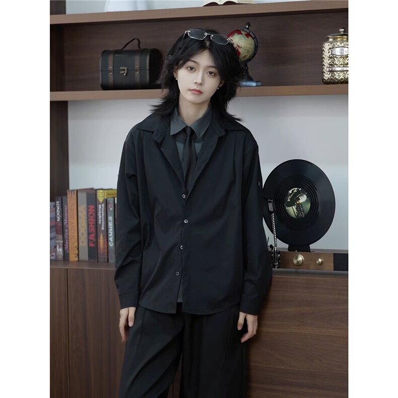 5170-P72简约chic韩版舒适外穿纯棉黑色衬衫早秋经典款宽松长袖，男装衬衫，电商B323A